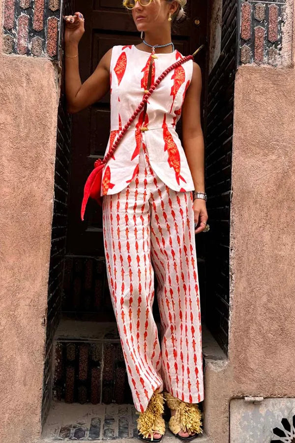 Cartoon Red Fish Print Pants Set