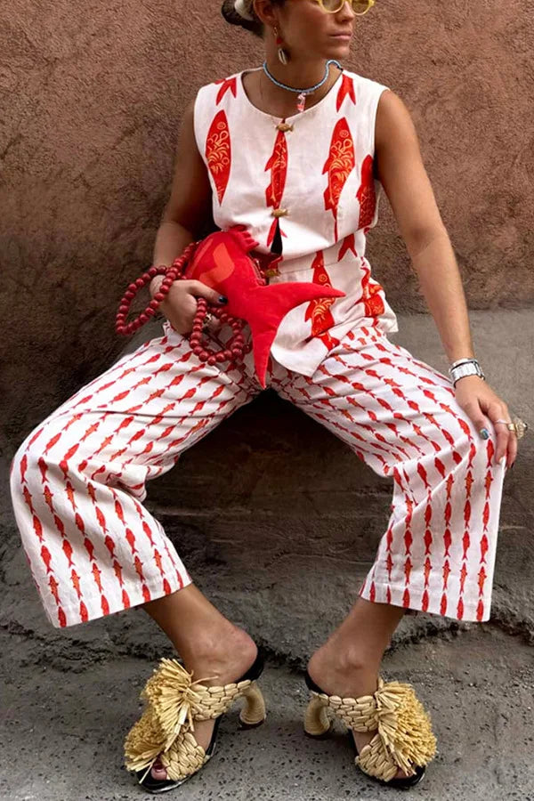 Cartoon Red Fish Print Pants Set