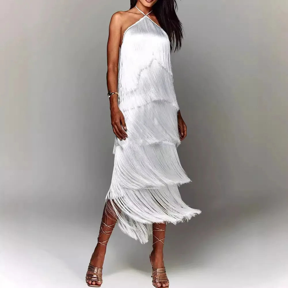 Gala Solid Spliced Tassel Dress