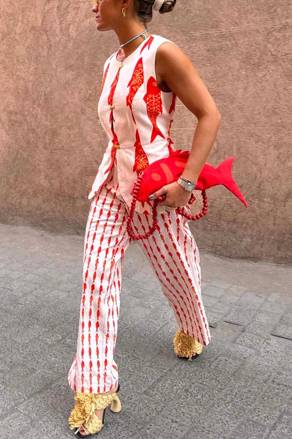 Cartoon Red Fish Print Pants Set