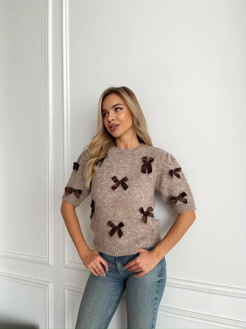 3d Bow Solid Sweater