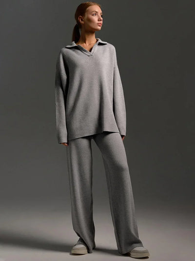 Daria Thick Knitted Suits Polo Neck Sweater & Wide Leg Pants