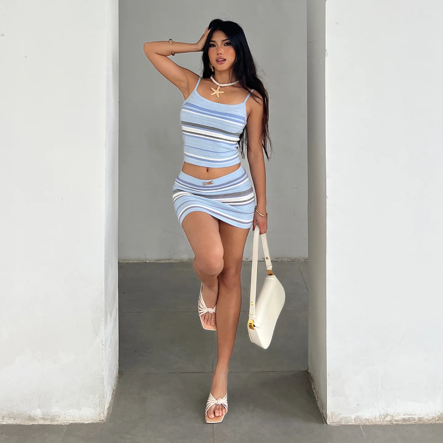 Striped Contrast Mini Skirt Set