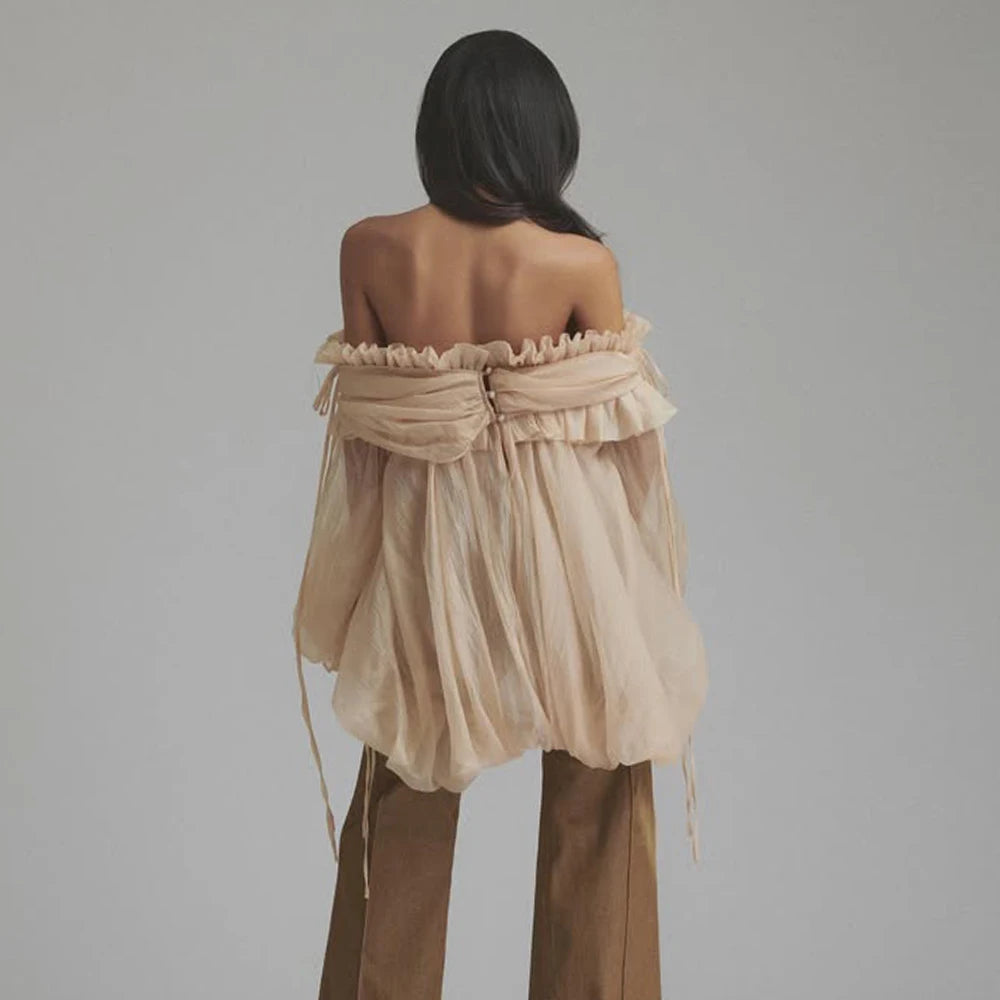 Airin Off Shoulder Mesh Ruffle Top Blouse