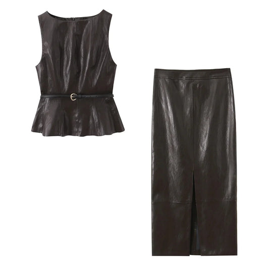 Leather Skirt Set with  Belt
