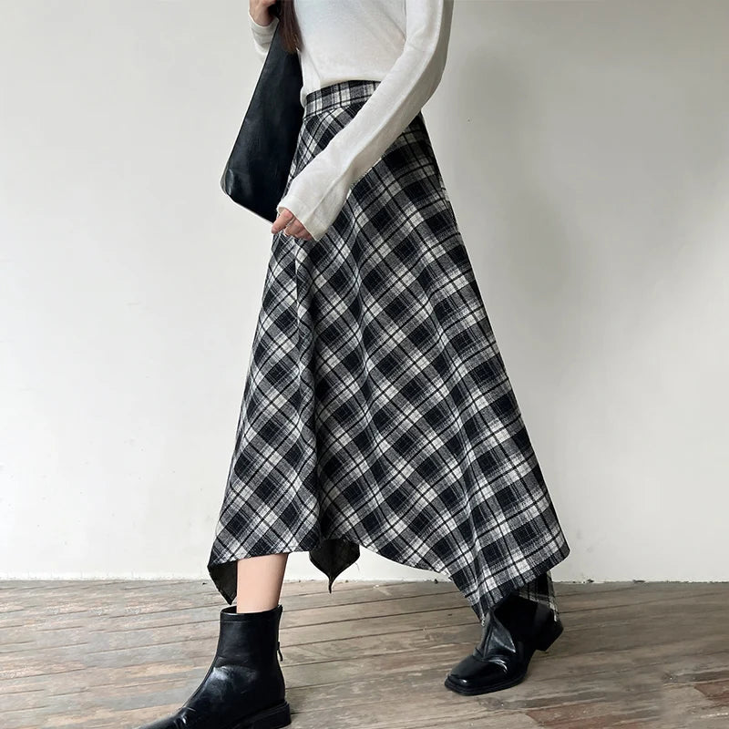Irregular Vintage Plaid Long Skirts