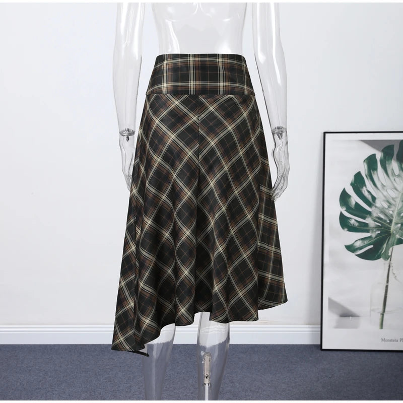 Asymmetric Plaid Slit Long Skirt