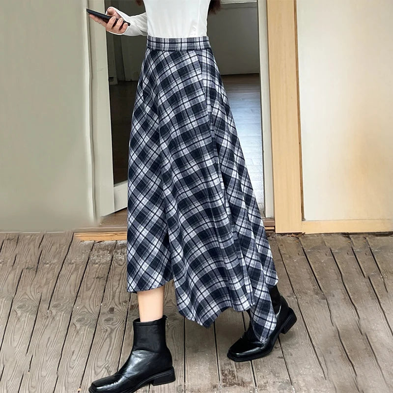 Irregular Vintage Plaid Long Skirts