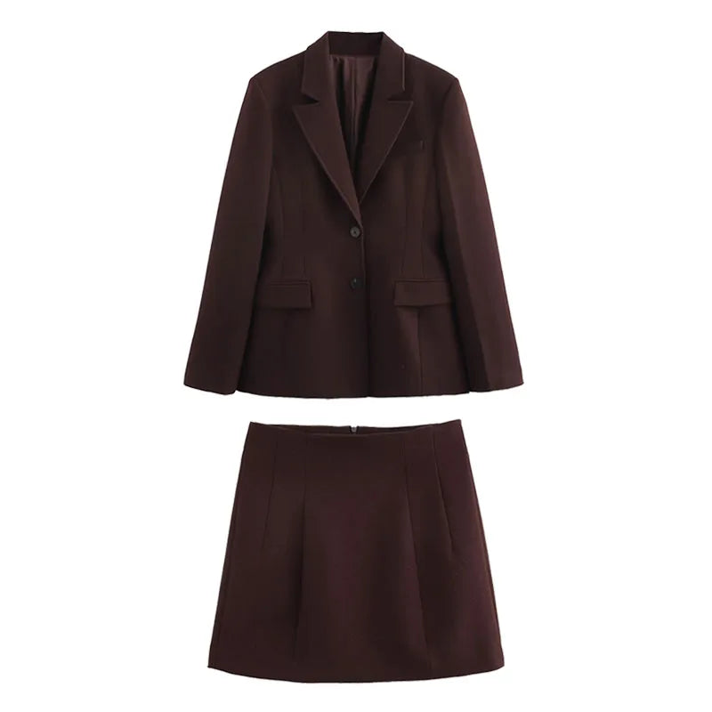 Deep Mocha Tailored Blazer Pants and Skirt Set