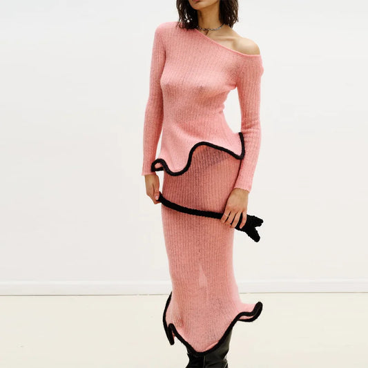 Chic Pink Knitted Sweater Skirt Set