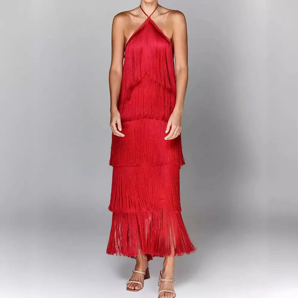 Gala Solid Spliced Tassel Dress