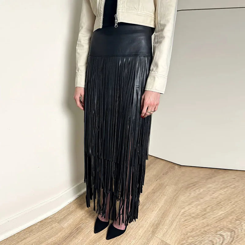 Sloane Leather Fringe Midi Skirt