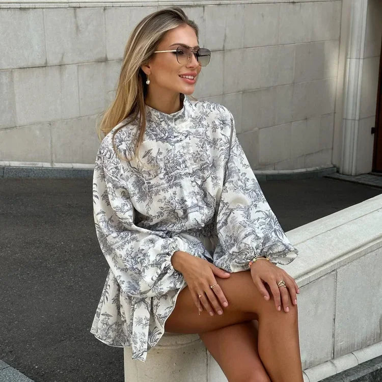 Marta Printed Mini Dress with Long Sleeve Slim Mini Dress