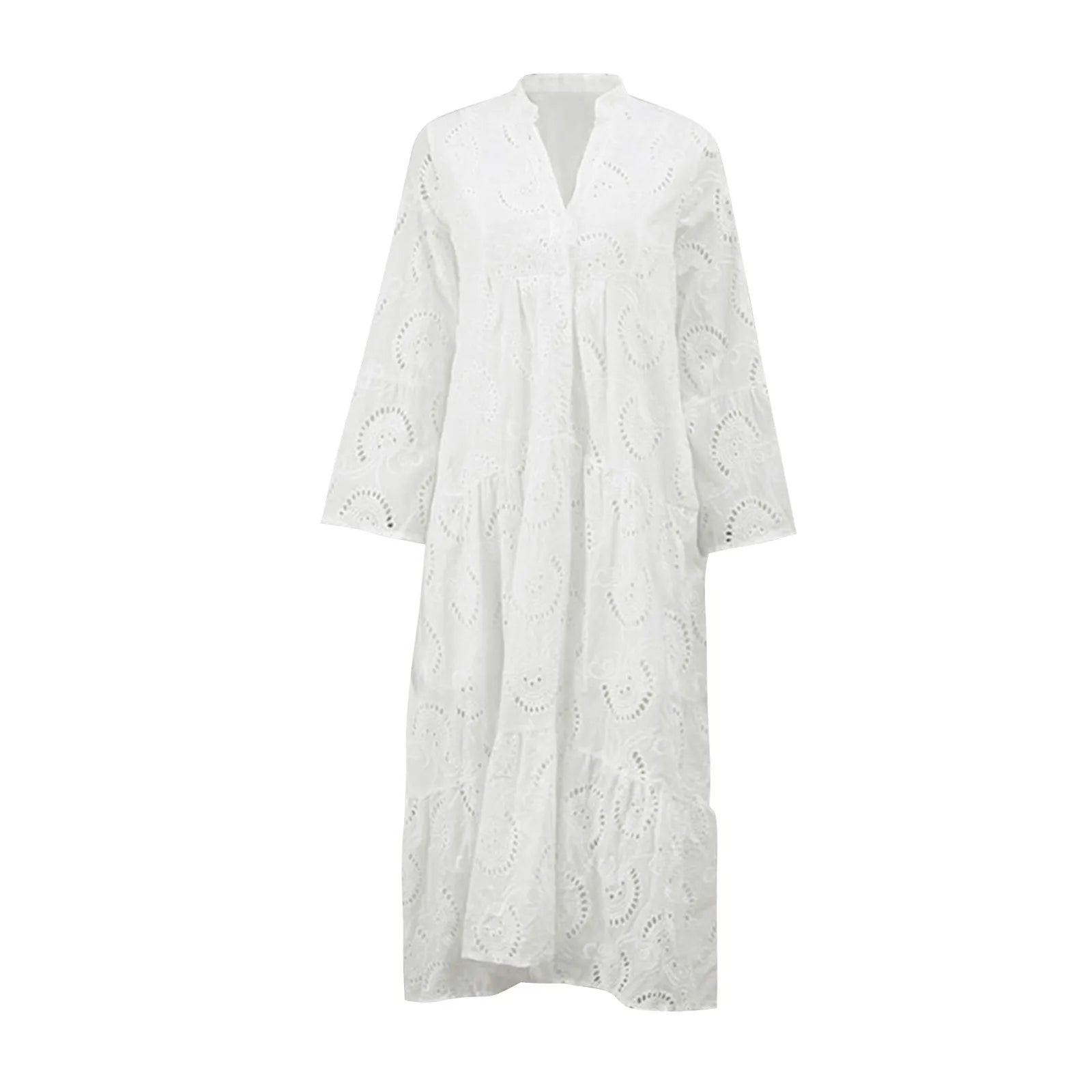 Cotton Crochet White Dress with Flare Sleeves