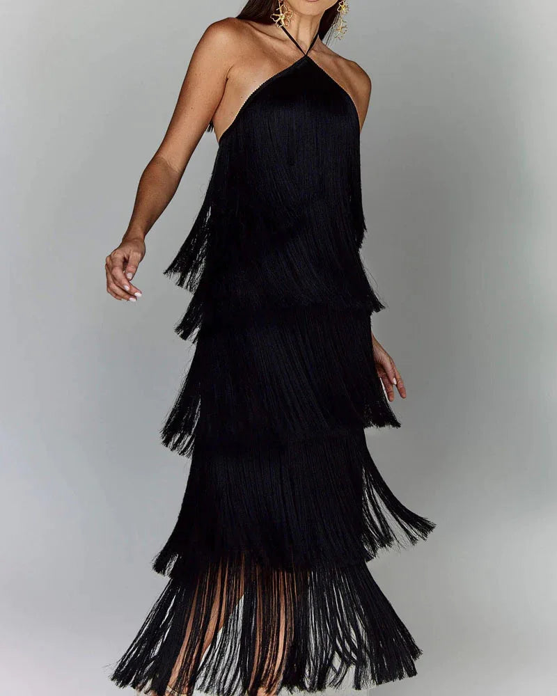 Gala Solid Spliced Tassel Dress