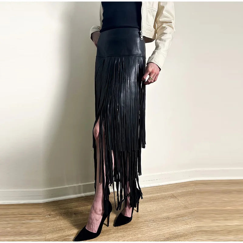Sloane Leather Fringe Midi Skirt