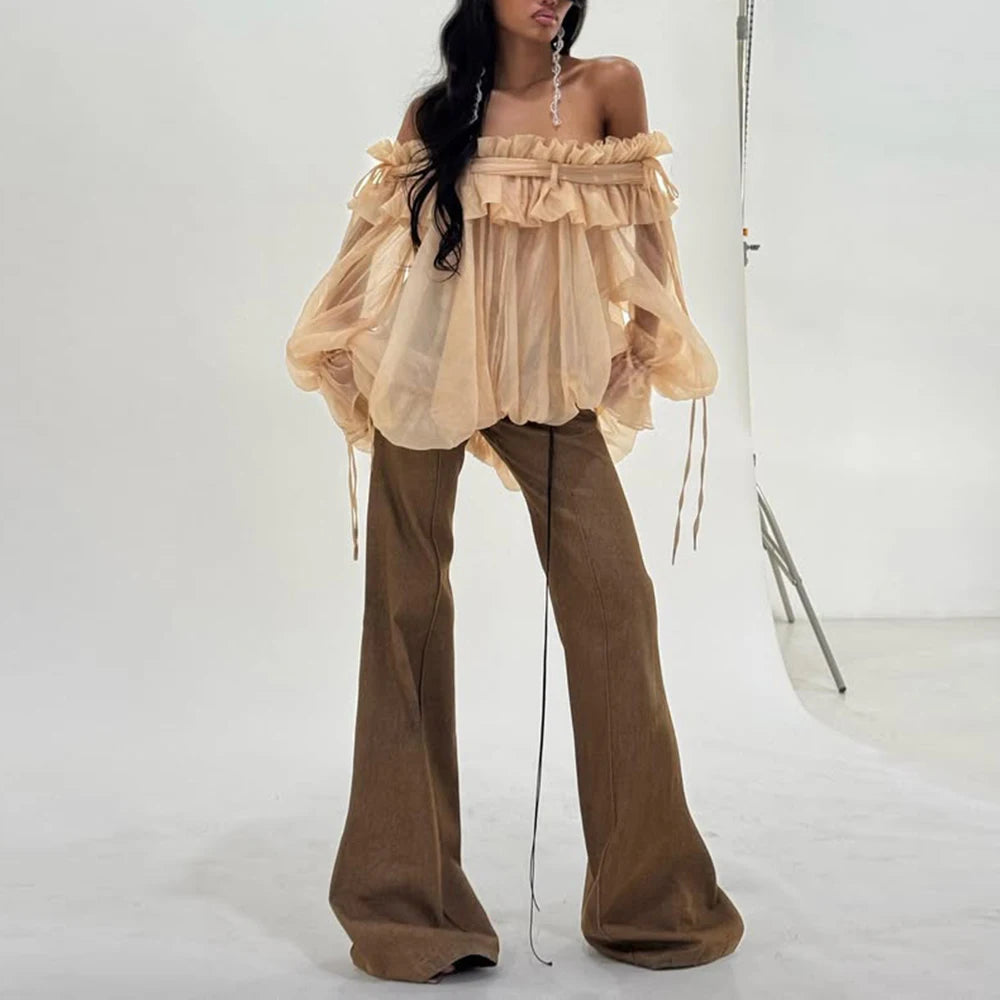 Airin Off Shoulder Mesh Ruffle Top Blouse