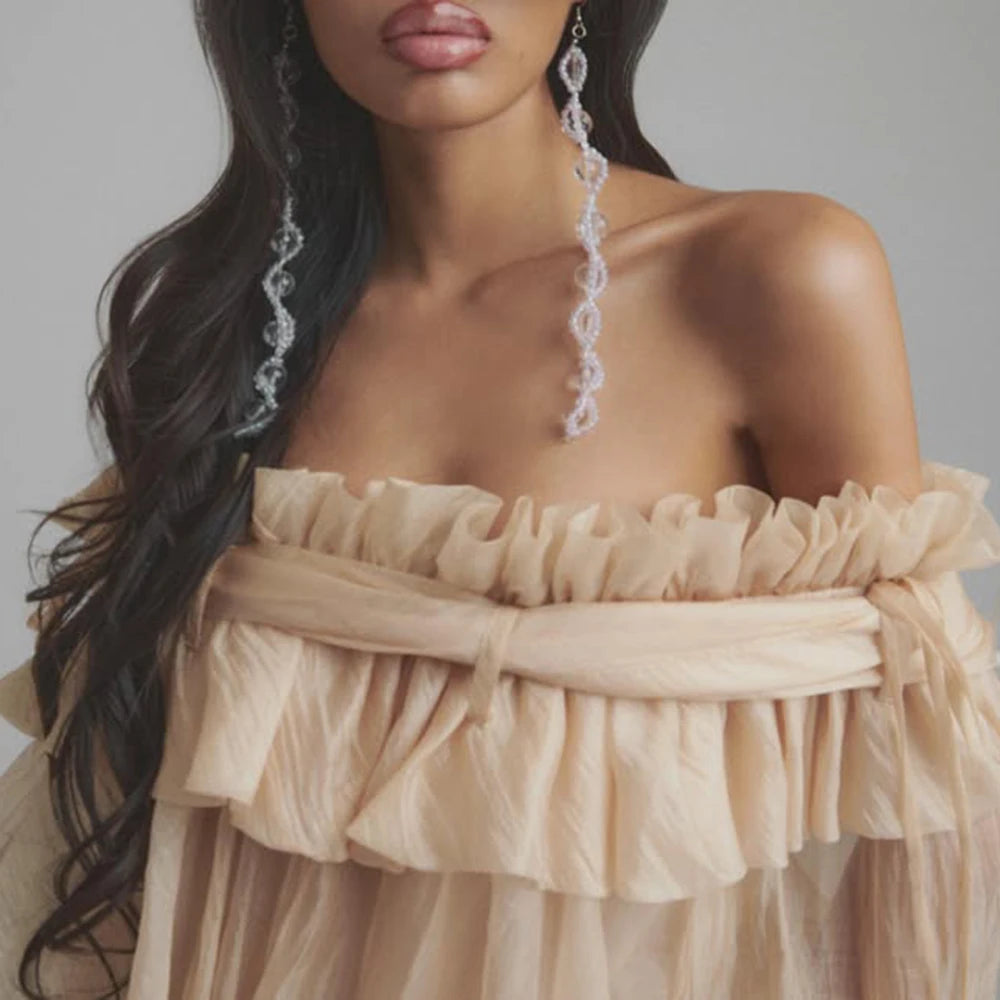 Airin Off Shoulder Mesh Ruffle Top Blouse