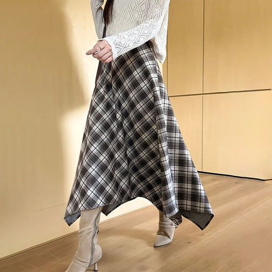 Irregular Vintage Plaid Long Skirts