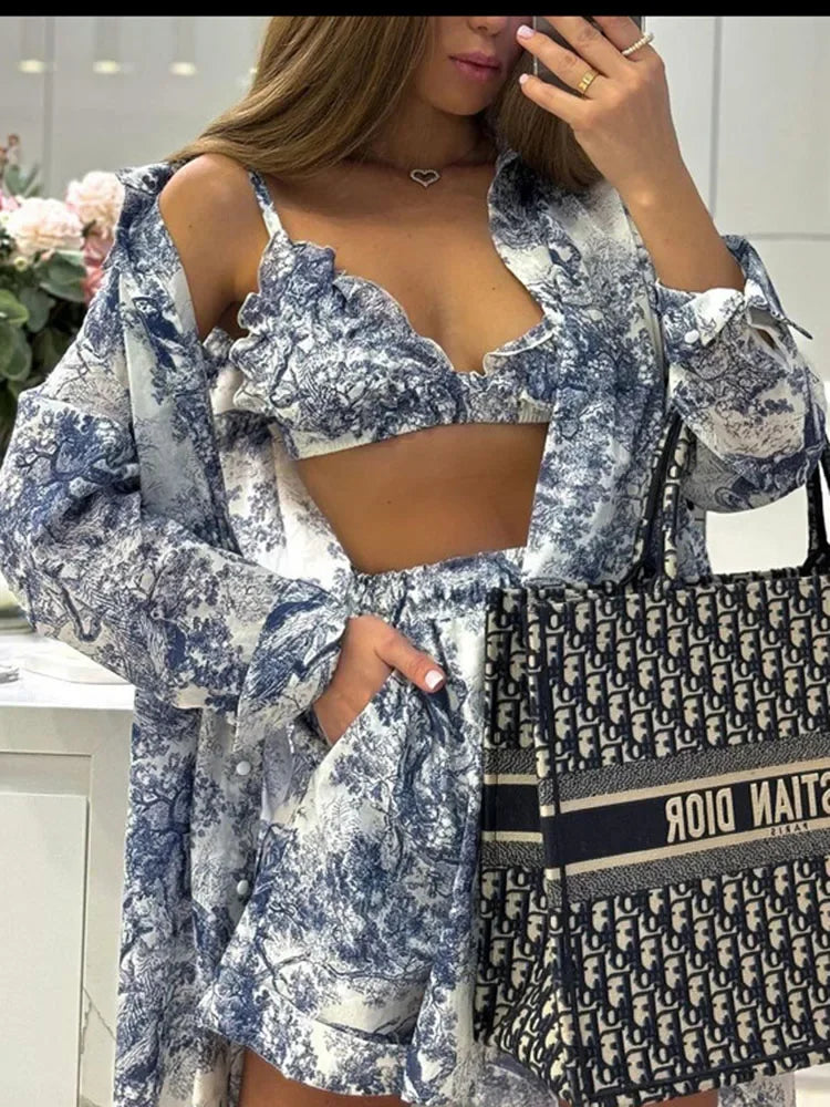 Gaby Floral Print Three Piece Shorts Set