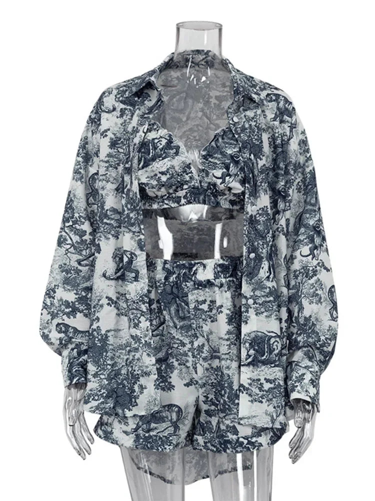 Gaby Floral Print Three Piece Shorts Set