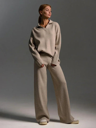 Daria Thick Knitted Suits Polo Neck Sweater & Wide Leg Pants