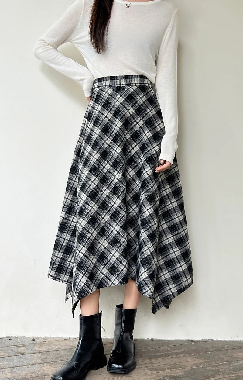 Irregular Vintage Plaid Long Skirts