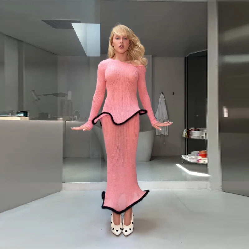 Chic Pink Knitted Sweater Skirt Set