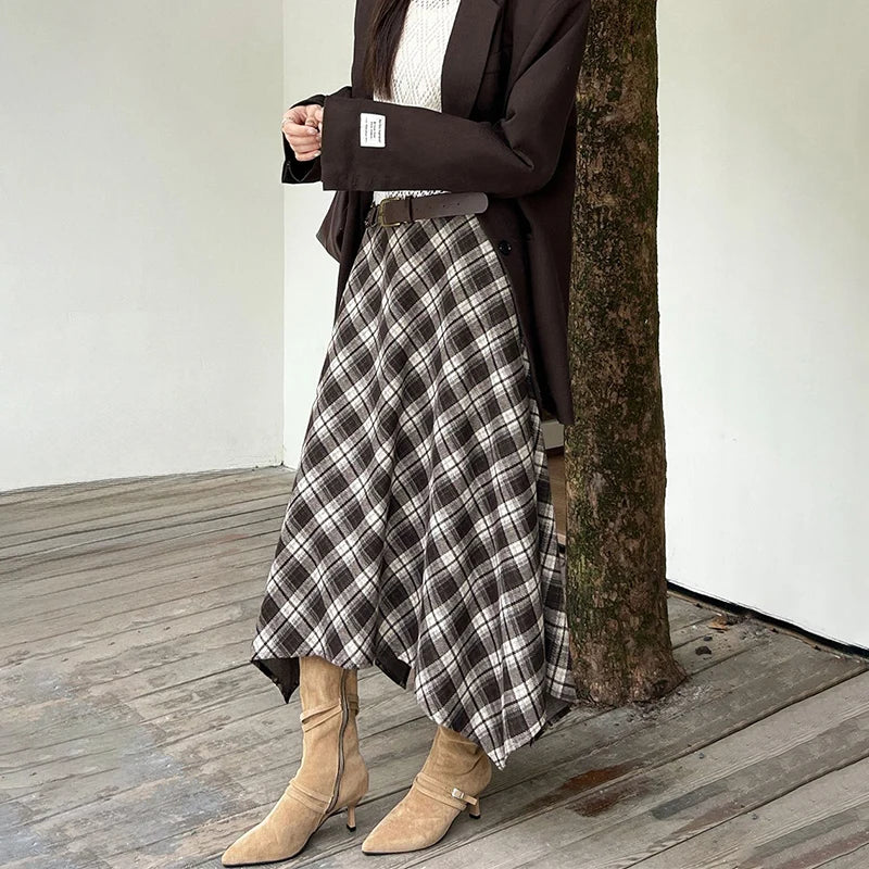 Irregular Vintage Plaid Long Skirts