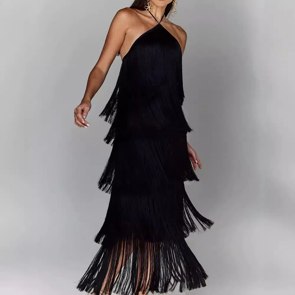 Gala Solid Spliced Tassel Dress