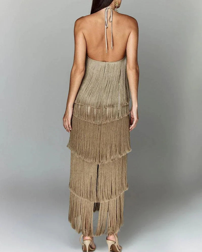 Gala Solid Spliced Tassel Dress