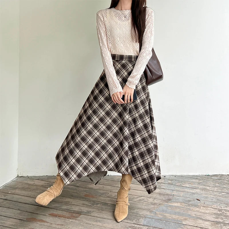 Irregular Vintage Plaid Long Skirts