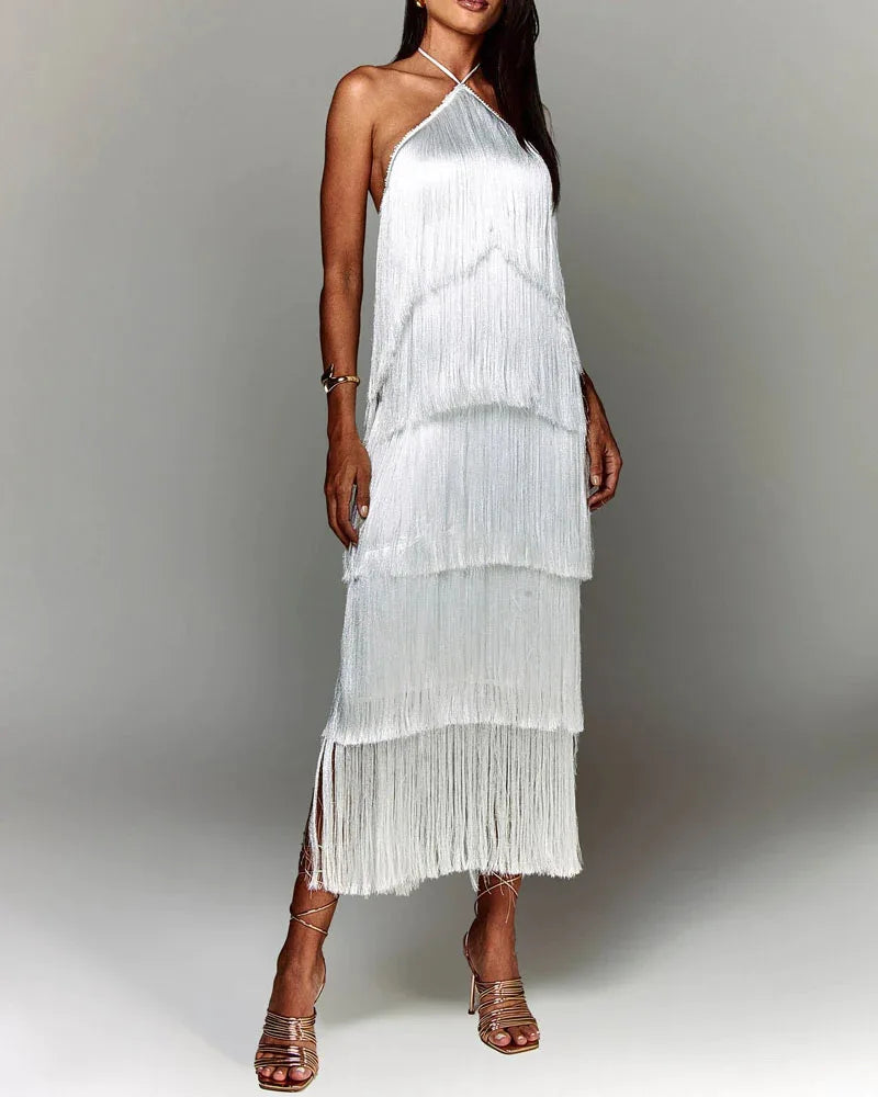 Gala Solid Spliced Tassel Dress