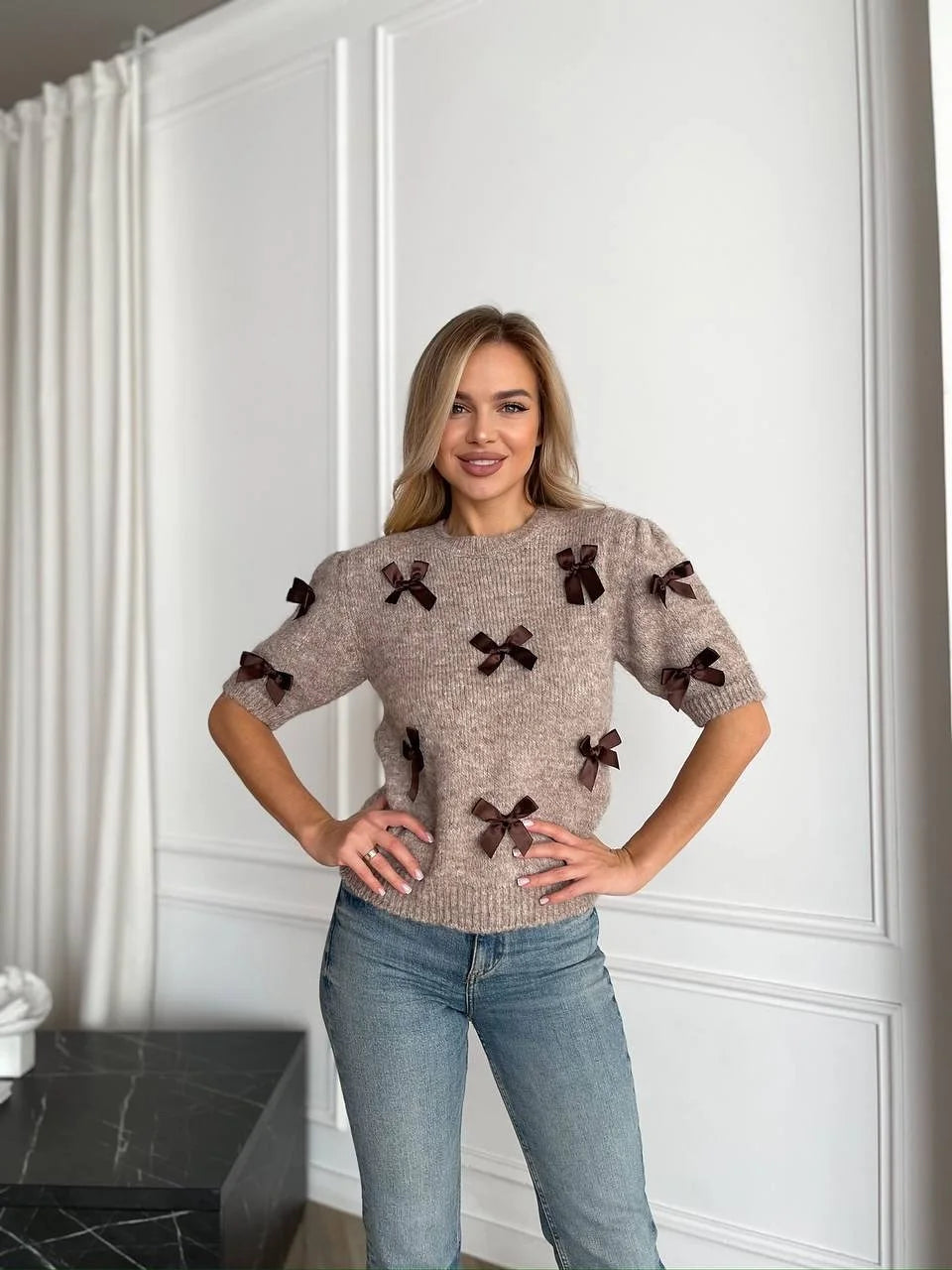 3d Bow Solid Sweater