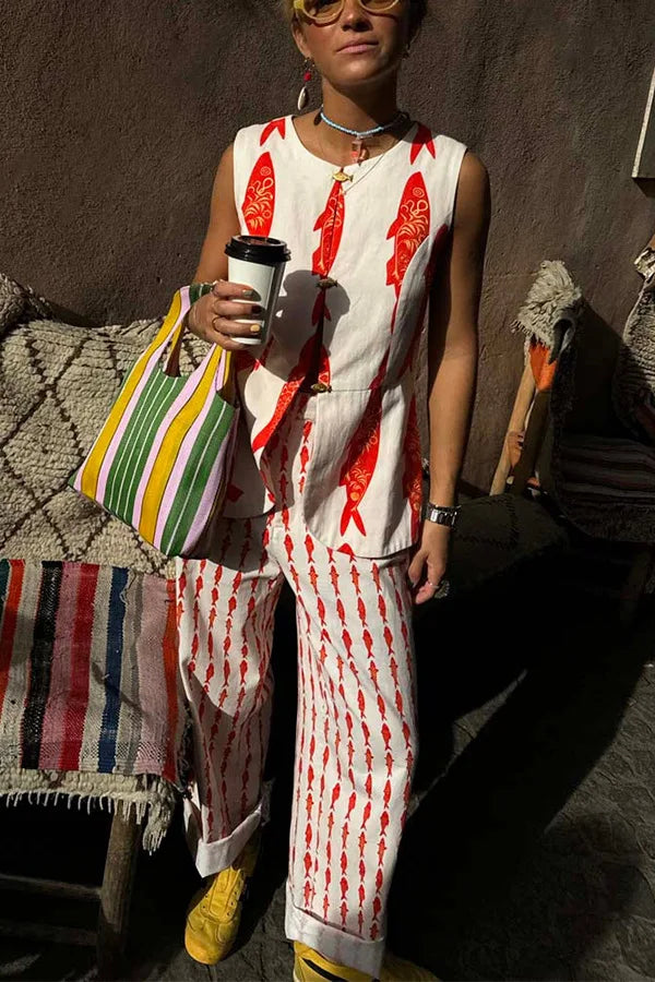 Cartoon Red Fish Print Pants Set