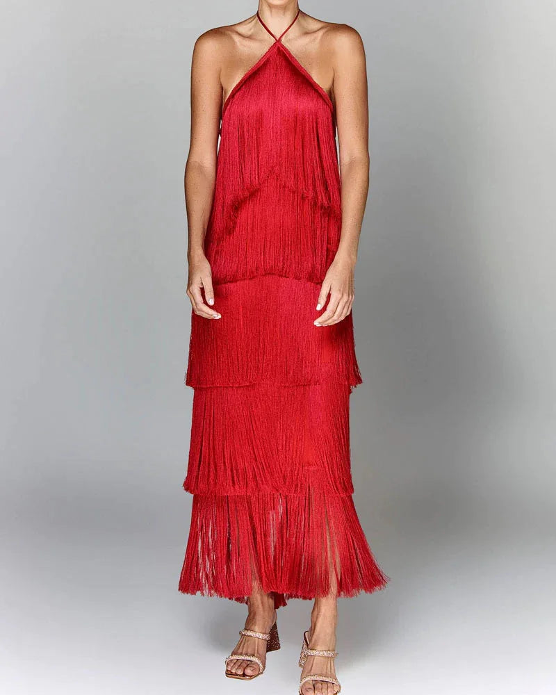 Gala Solid Spliced Tassel Dress