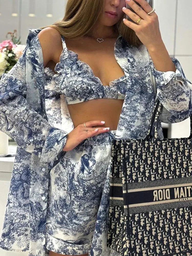 Gaby Floral Print Three Piece Shorts Set