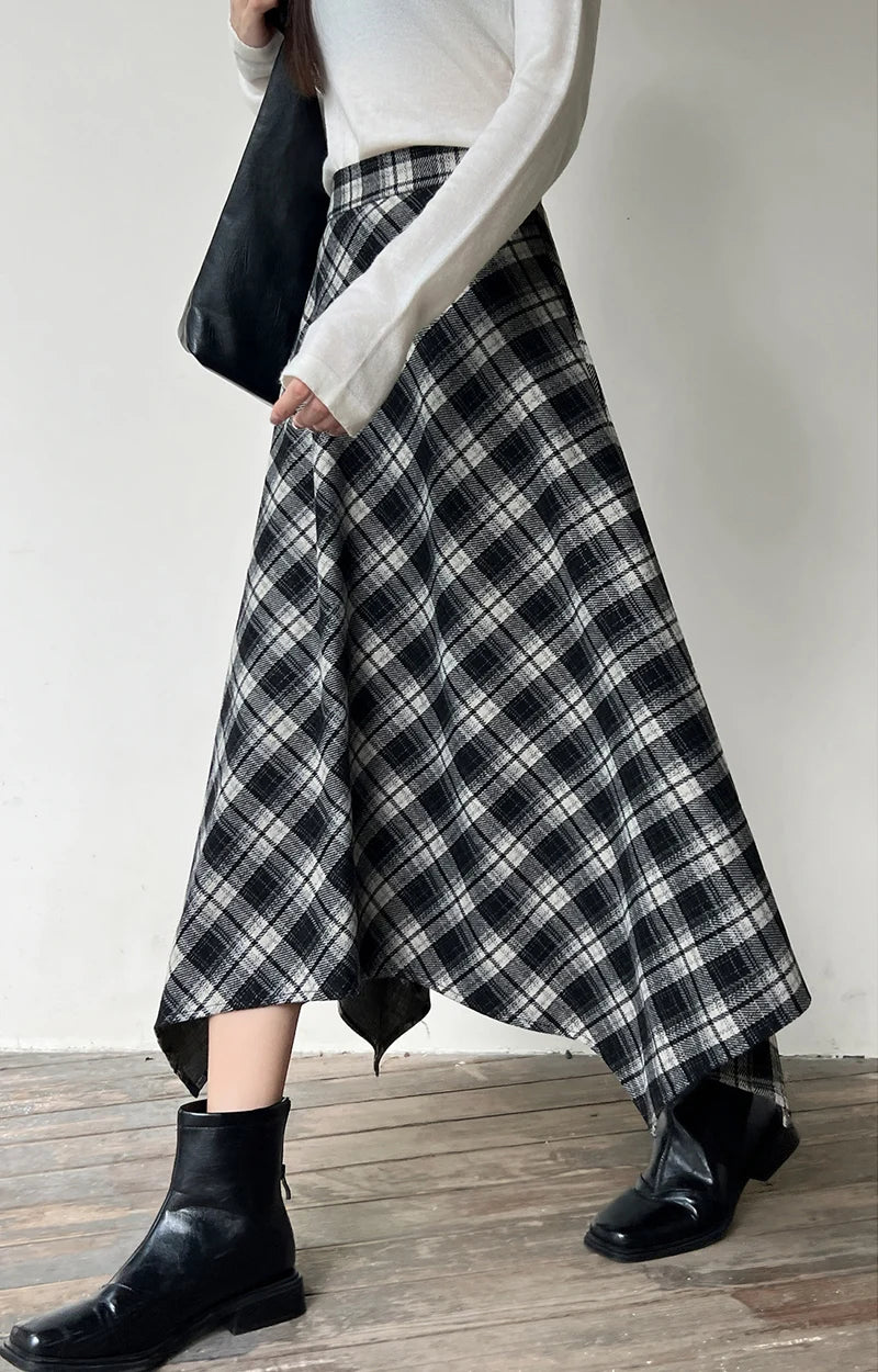 Irregular Vintage Plaid Long Skirts