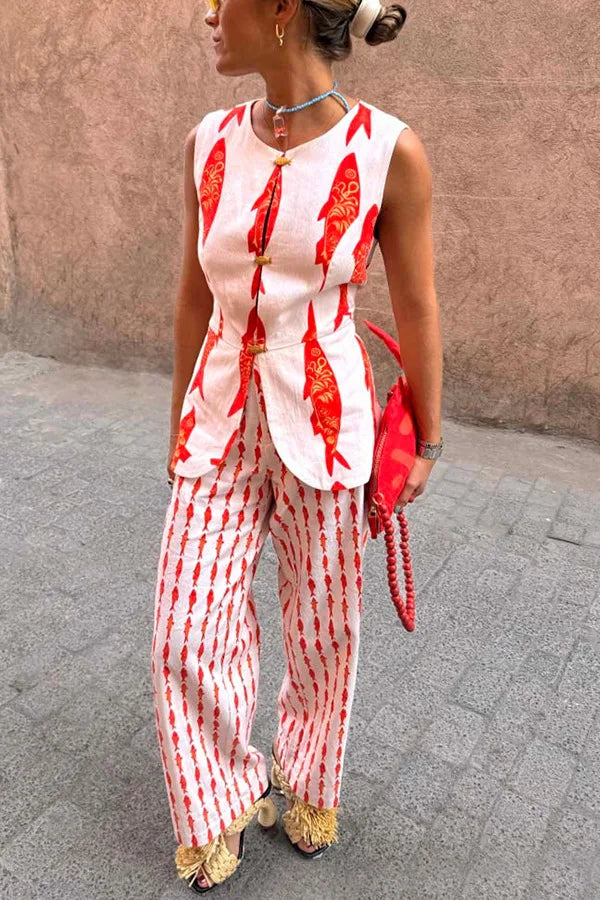 Cartoon Red Fish Print Pants Set