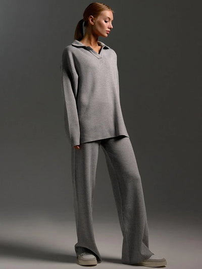 Daria Thick Knitted Suits Polo Neck Sweater & Wide Leg Pants