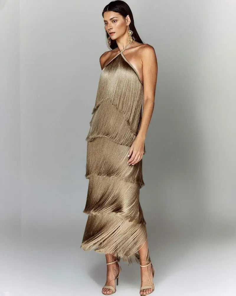 Gala Solid Spliced Tassel Dress
