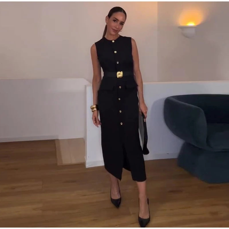 Meski Black Sleeveless Midi Dresses