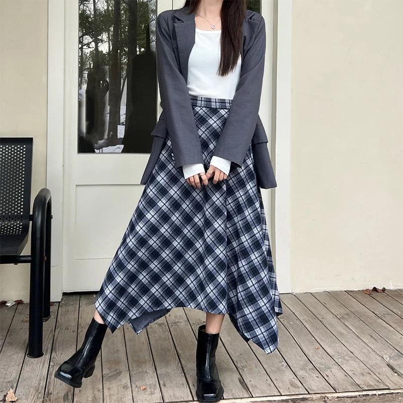 Irregular Vintage Plaid Long Skirts