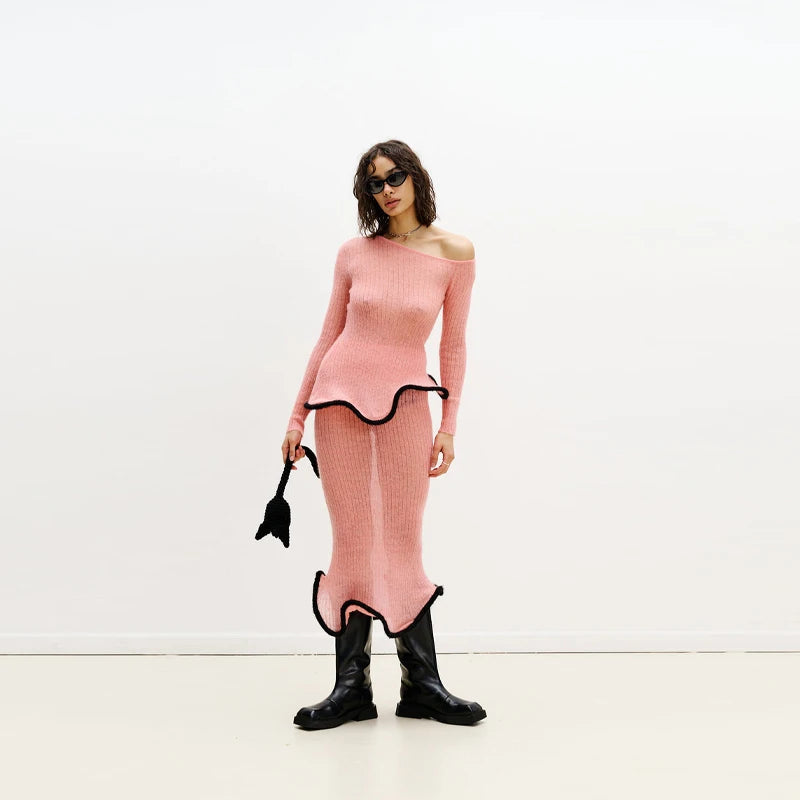 Chic Pink Knitted Sweater Skirt Set