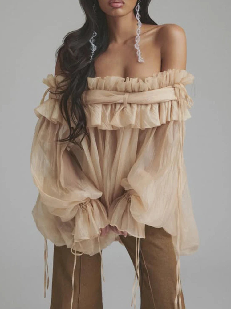 Airin Off Shoulder Mesh Ruffle Top Blouse
