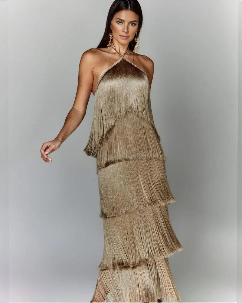 Gala Solid Spliced Tassel Dress