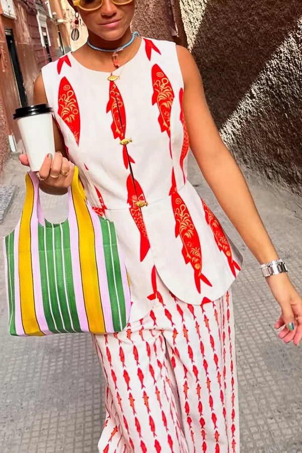 Cartoon Red Fish Print Pants Set