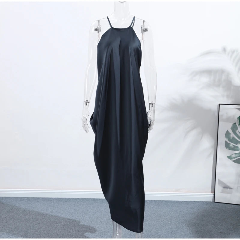 Audrey  Satin Halter Backless Maxi Dress