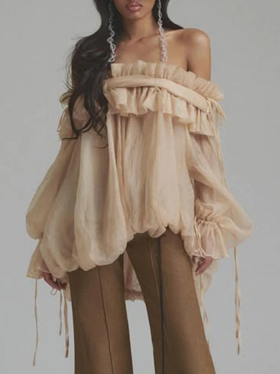 Airin Off Shoulder Mesh Ruffle Top Blouse