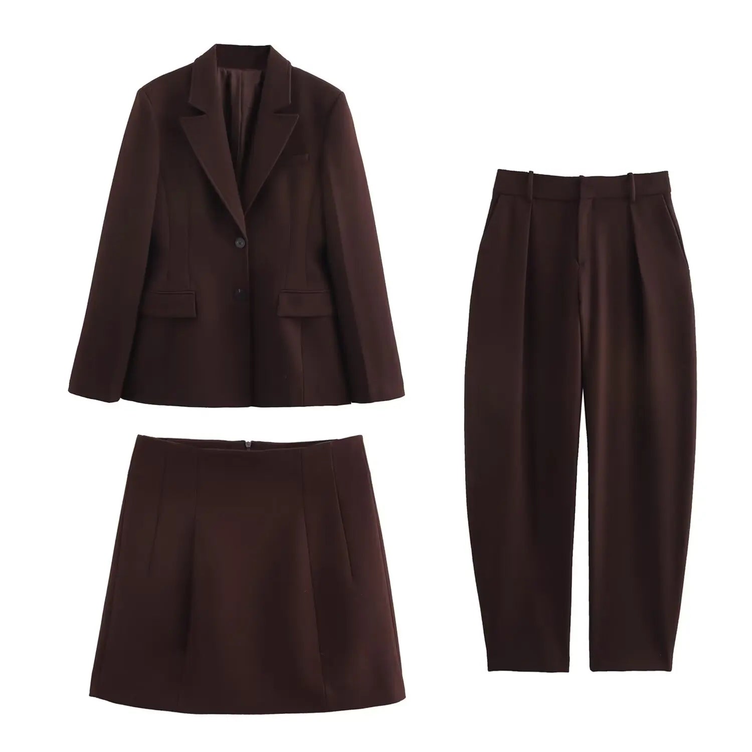 Deep Mocha Tailored Blazer Pants and Skirt Set